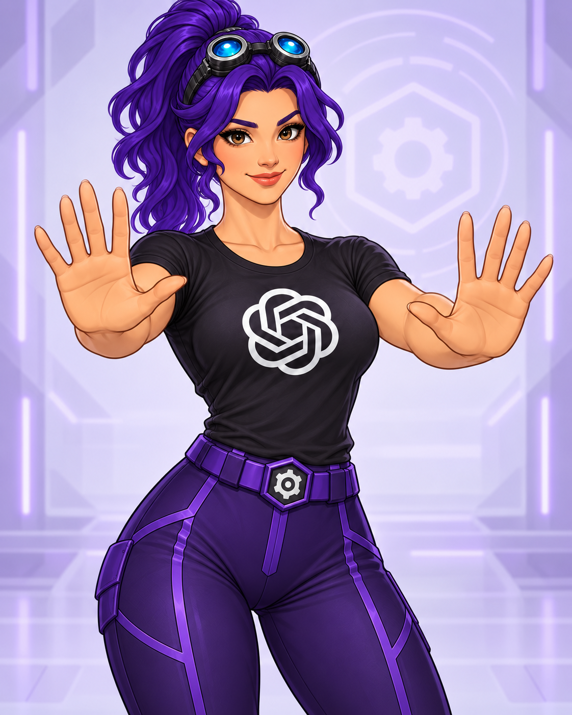 Violet pointing to her head while wearing a ChatGPT shirt