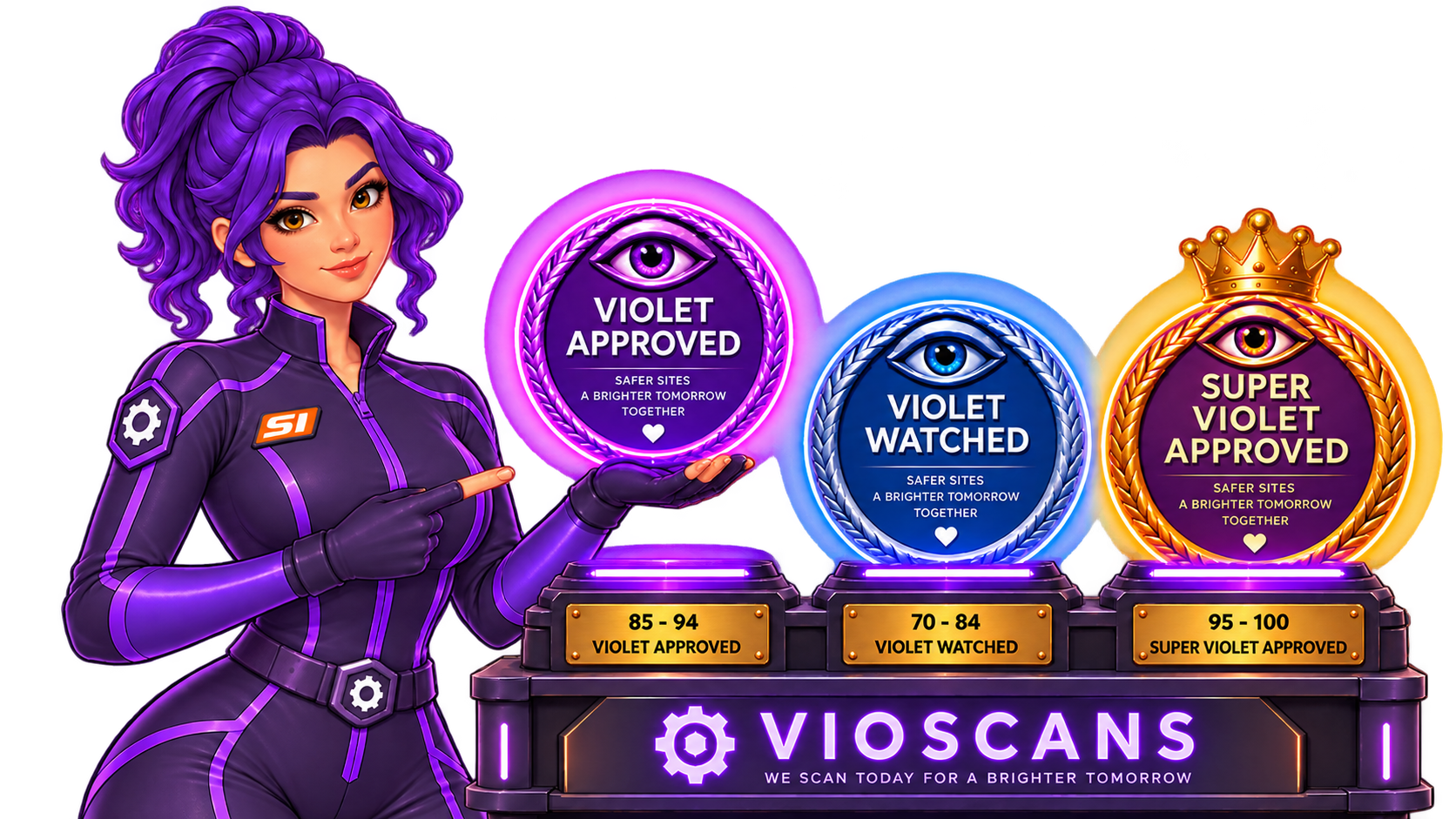 Violet proudly presenting her approval badges in Violet's Lab