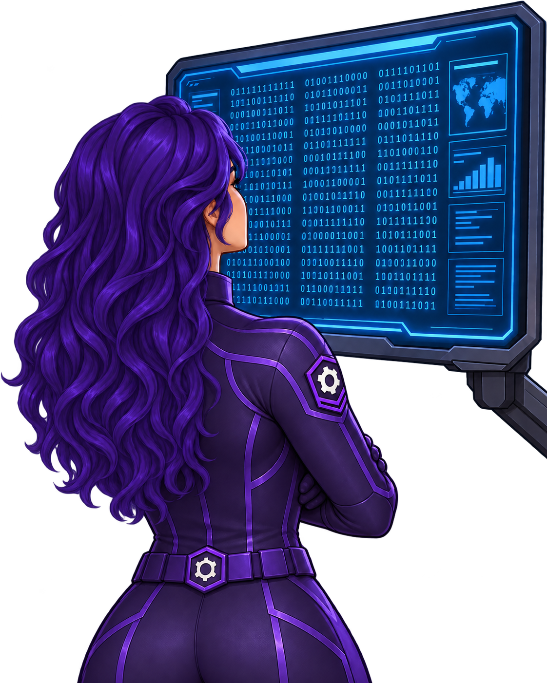 Violet studying a large screen filled with binary digits