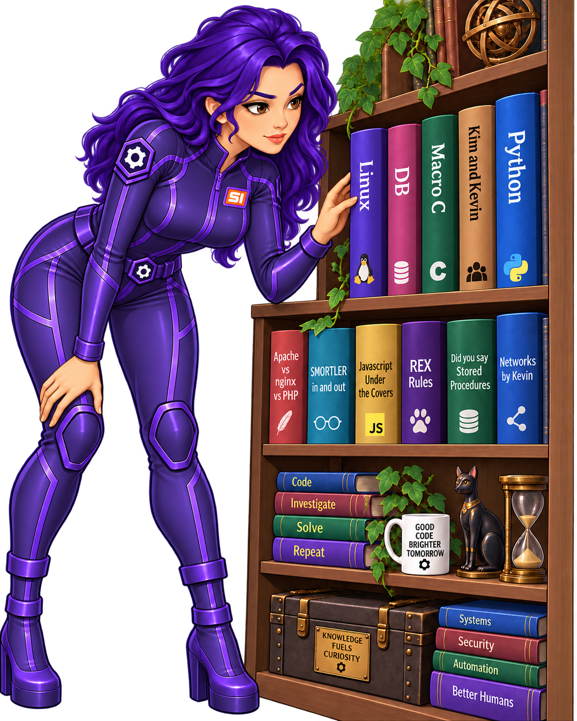 Violet examining a bookshelf of programming and systems books