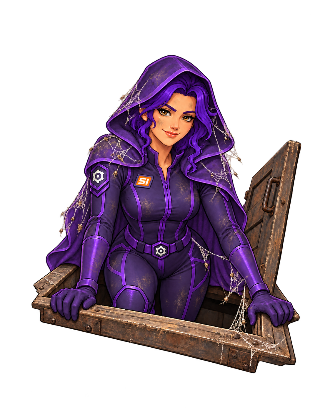 An exhausted Violet climbing out of an old basement hatch covered in spiderwebs