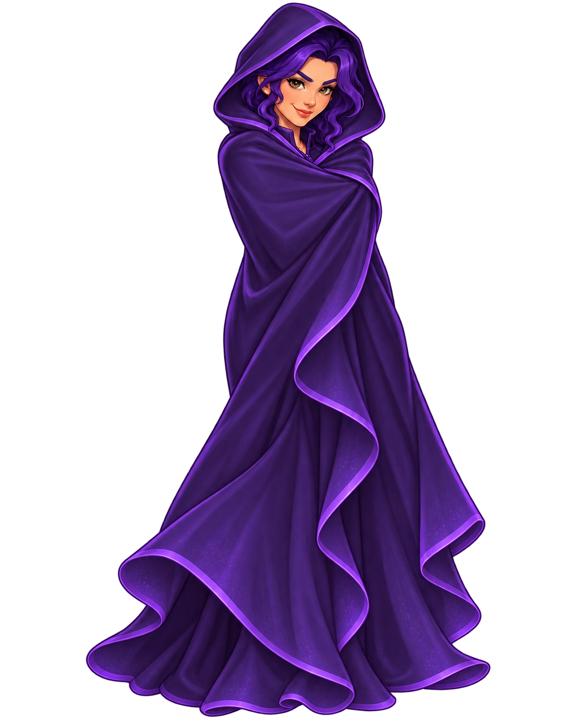 Violet wrapped completely in her violet cloak with a mischievous expression