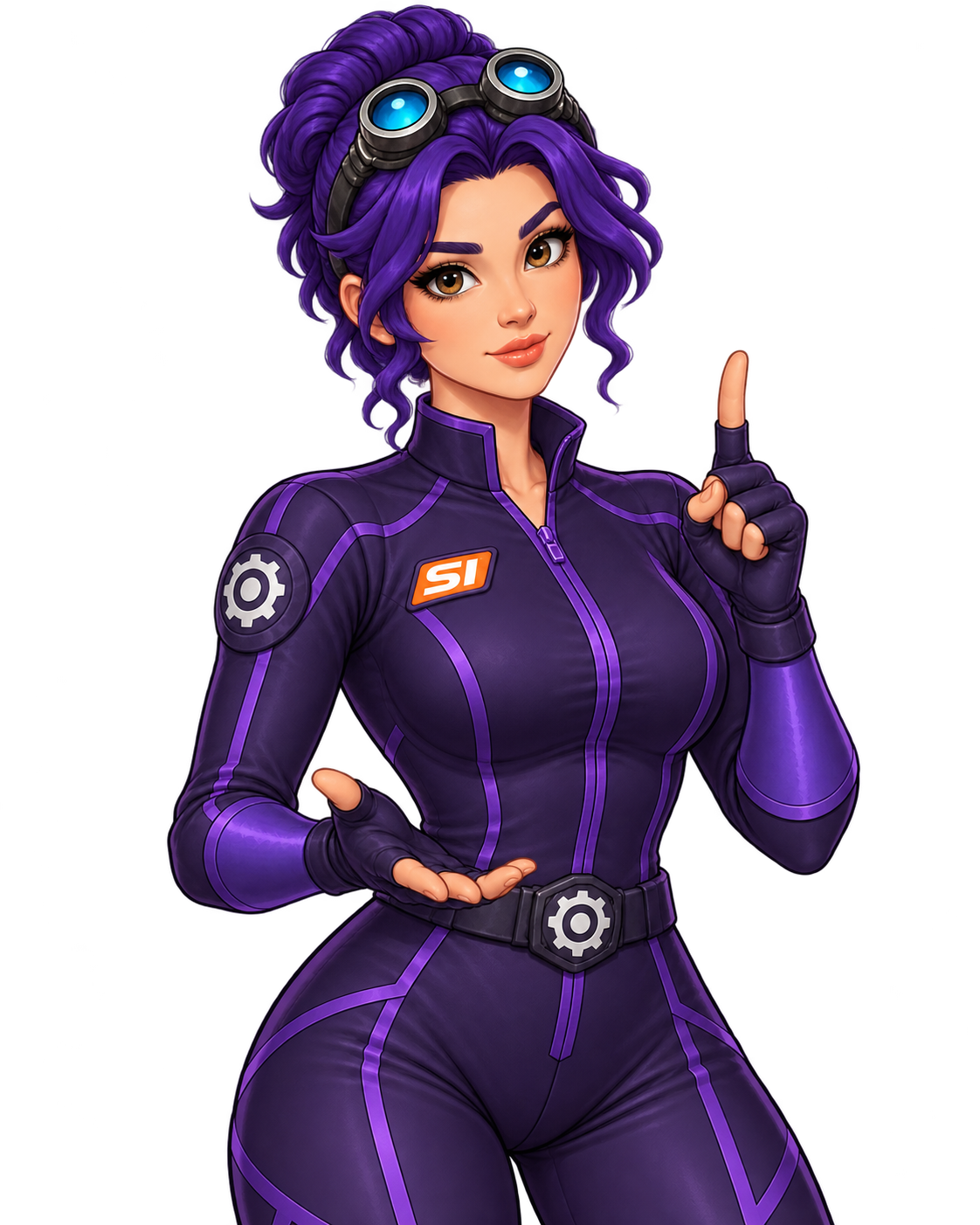 Violet offering a friendly reminder with one finger raised