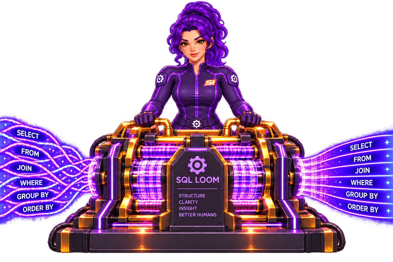 Violet smiling at the camera, standing directly behind her glowing SQL Loom with both hands ready on the controls, as tangled SQL threads become ordered statements