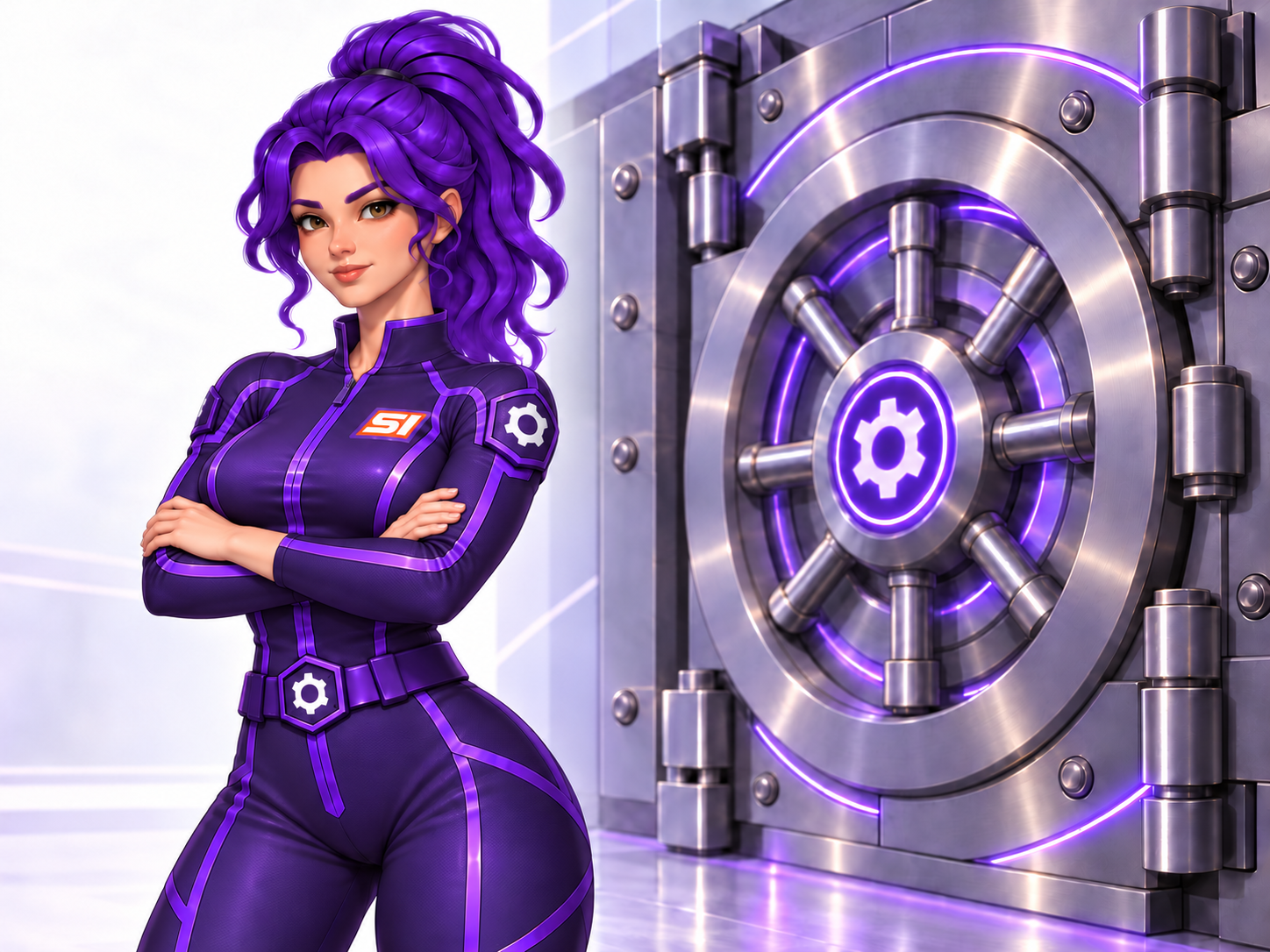 Violet standing proudly with her arms crossed beside a large purple-lit security vault
