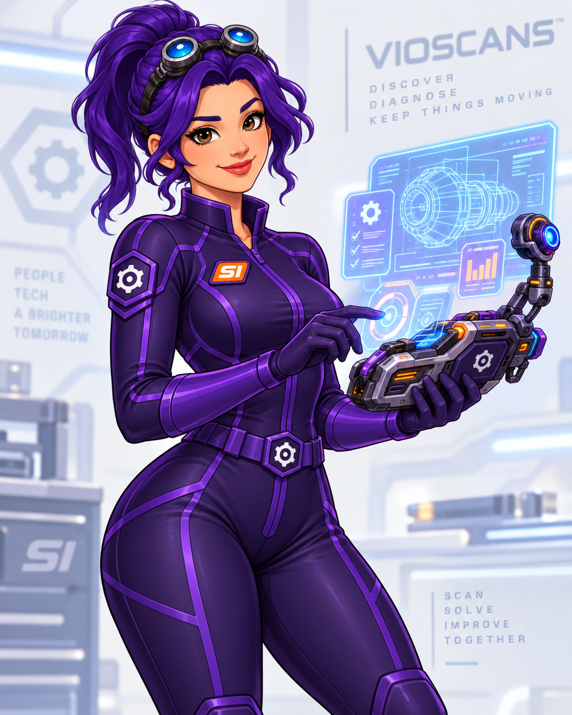 Violet happily operating a sophisticated futuristic handheld diagnostic controller