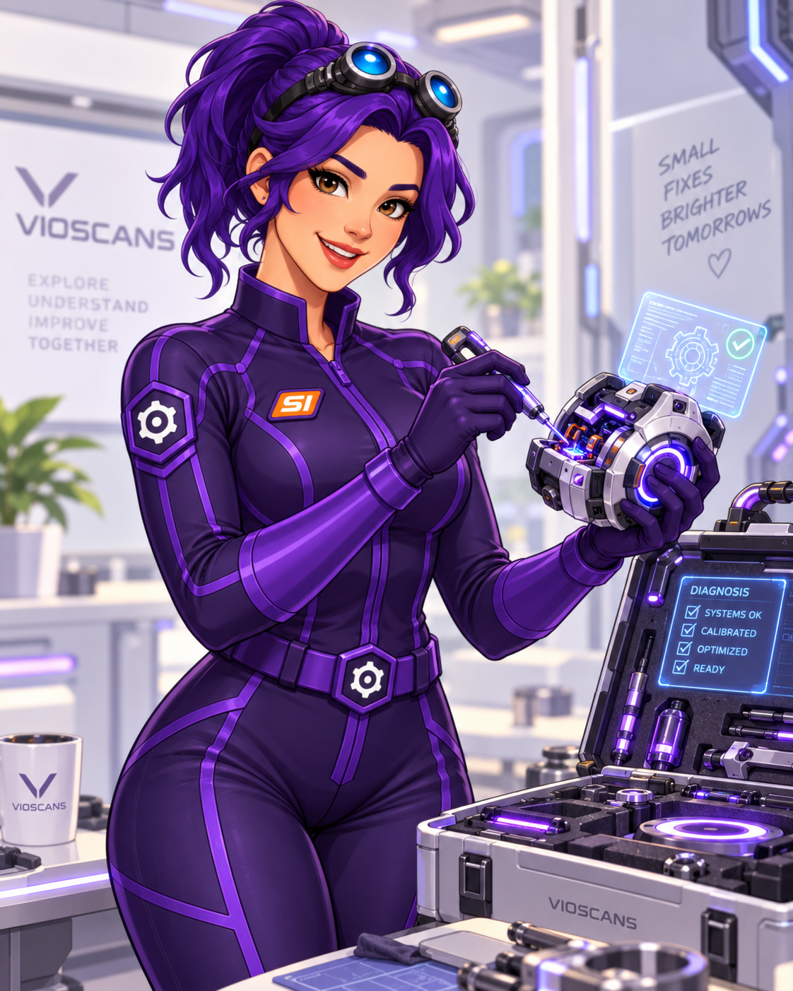 Violet enjoying hands-on work while repairing and calibrating a glowing futuristic tool