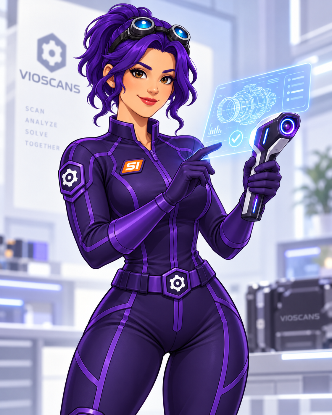 Violet smiling while using a futuristic illuminated scanning device in her lab