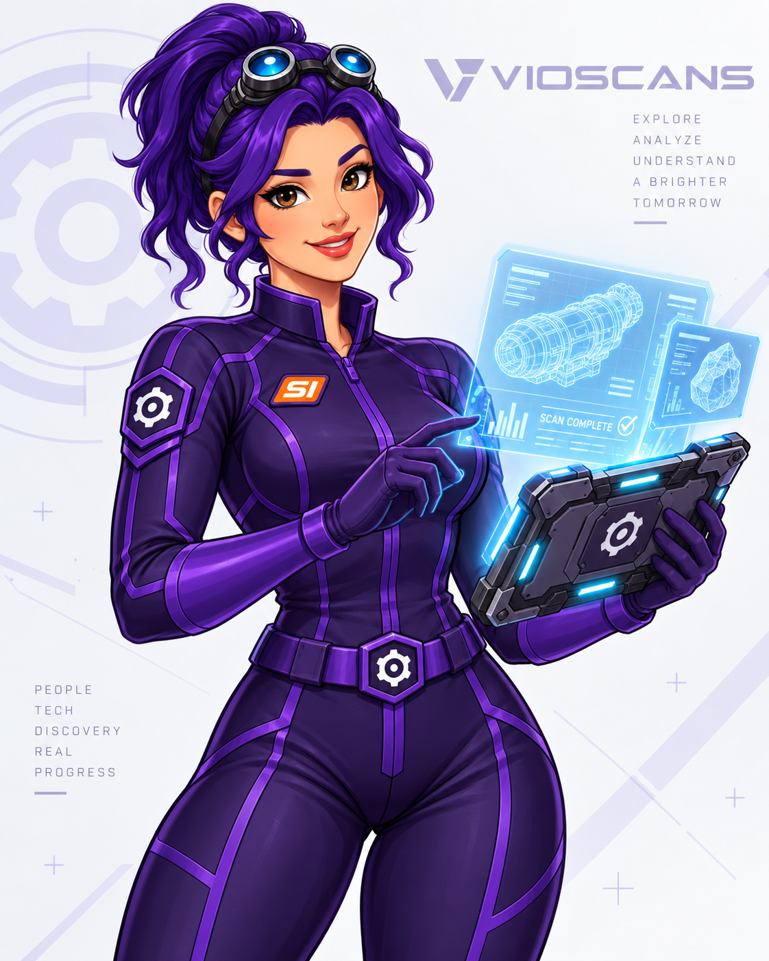 Violet happily working from a futuristic tablet with diagnostic holograms